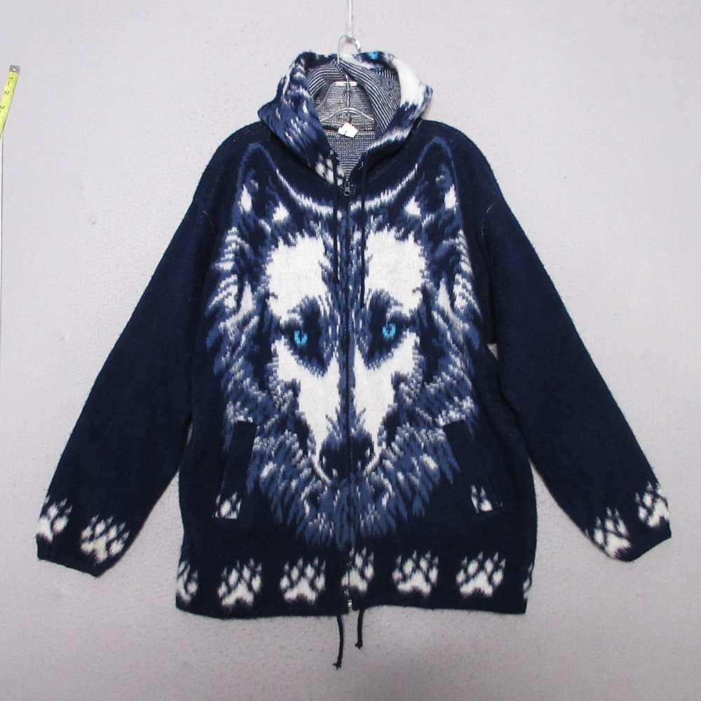 Inka Marka Hoodie Jacket Large Blue Wolf Alpaca Full‎ Zup Ecuador Fleece Pockets